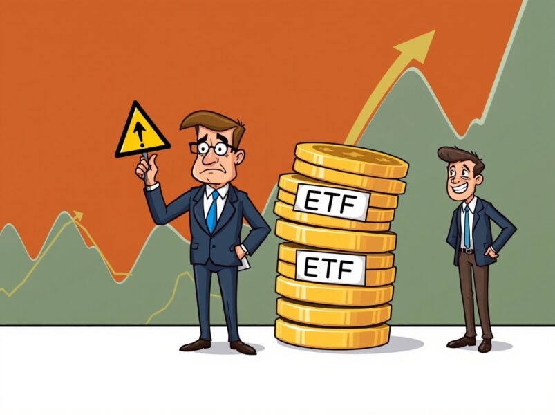 SEC regulator warning investors about the risks of high-leverage ETFs in a cartoon financial scene.