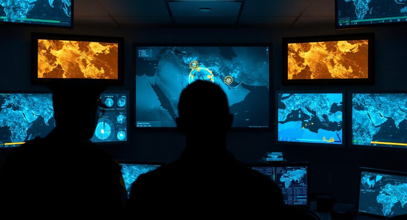 Military command center with radar screens showing targets in Iran during a second U.S. strike.