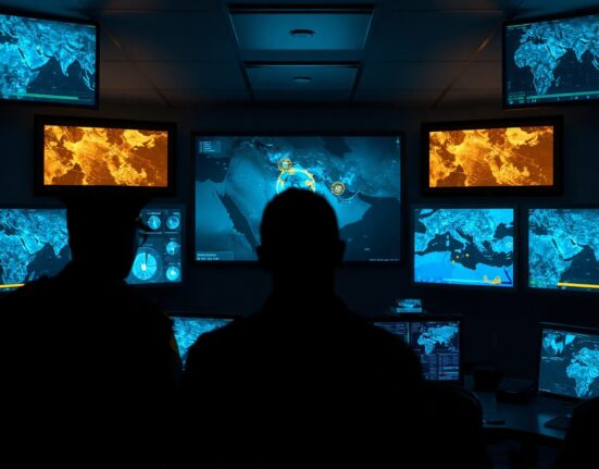 Military command center with radar screens showing targets in Iran during a second U.S. strike.