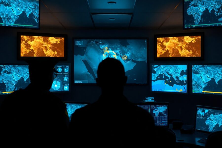 Military command center with radar screens showing targets in Iran during a second U.S. strike.