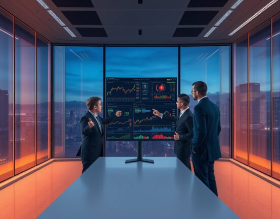 Analysts review cryptocurrency market data on a modern institutional trading floor, representing the second wave of institutional crypto investment.