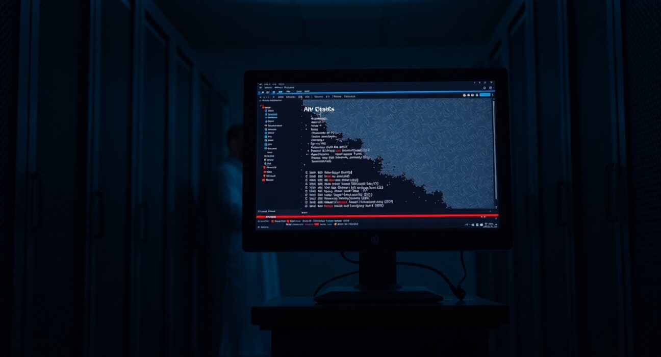 Dimly lit server room with a monitor displaying a corrupted digital wallet interface, representing the SecondFi hack.