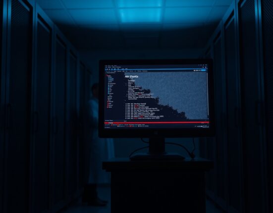 Dimly lit server room with a monitor displaying a corrupted digital wallet interface, representing the SecondFi hack.