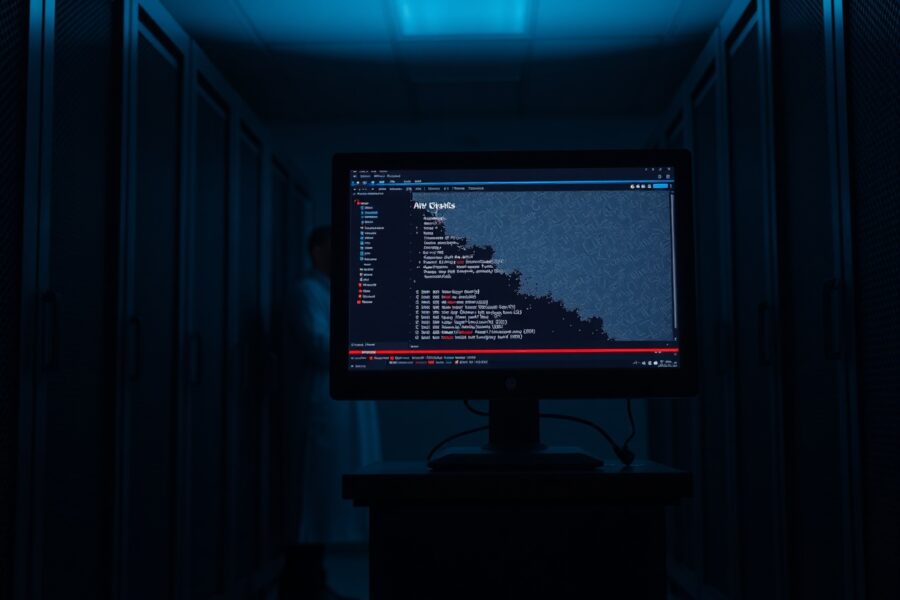 Dimly lit server room with a monitor displaying a corrupted digital wallet interface, representing the SecondFi hack.
