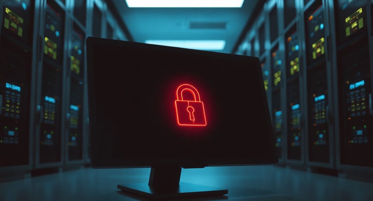 Digital wallet interface with a red security alert and broken padlock icon in a dim server room.