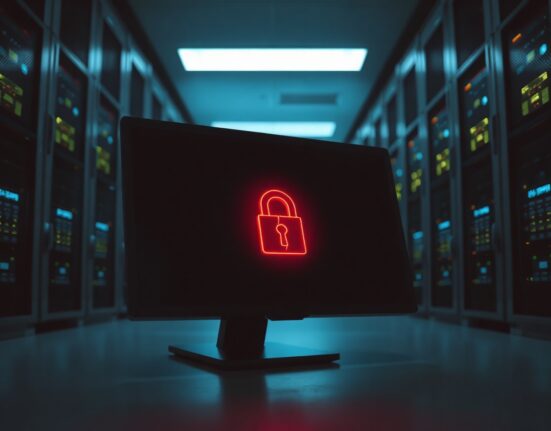 Digital wallet interface with a red security alert and broken padlock icon in a dim server room.