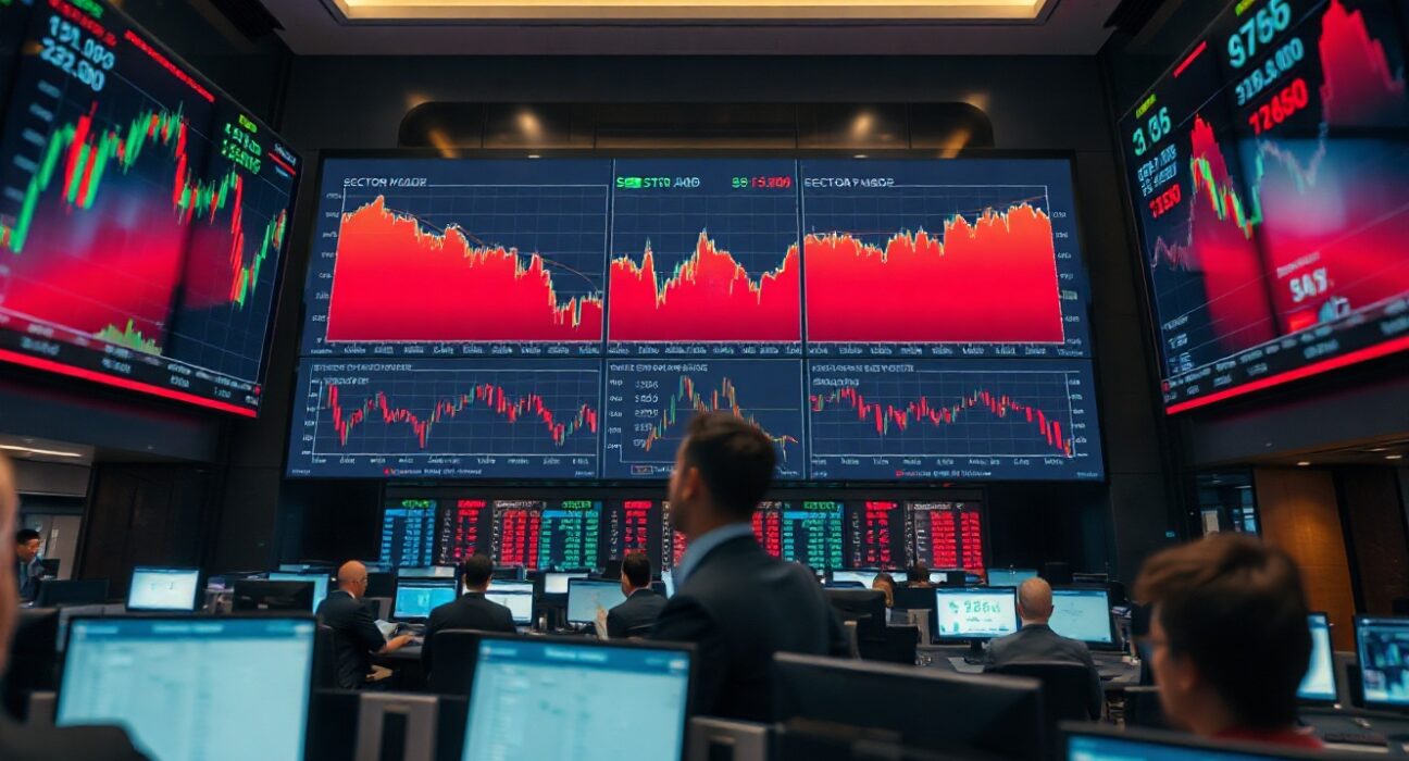 Trading floor with screens showing sector performance charts during market risk-off