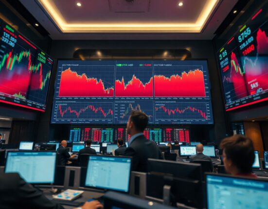 Trading floor with screens showing sector performance charts during market risk-off