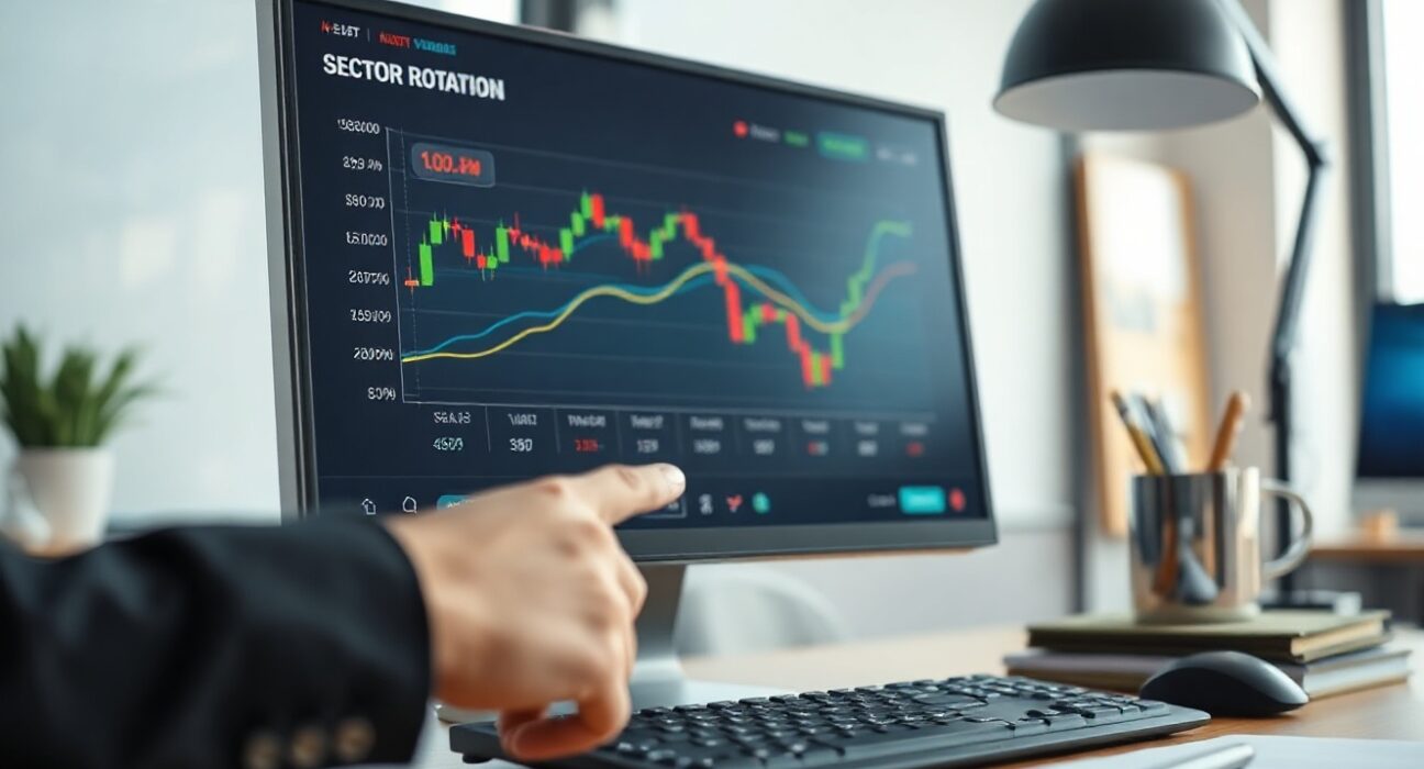Financial analyst reviewing sector rotation chart on computer monitor in office