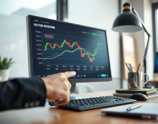 Financial analyst reviewing sector rotation chart on computer monitor in office