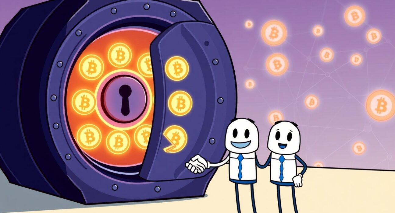 Cartoon illustration showing the secure multi-signature BTC lending platform, MultiSYG, ensuring safe Bitcoin transactions.