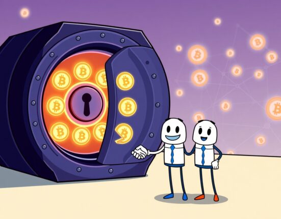 Cartoon illustration showing the secure multi-signature BTC lending platform, MultiSYG, ensuring safe Bitcoin transactions.