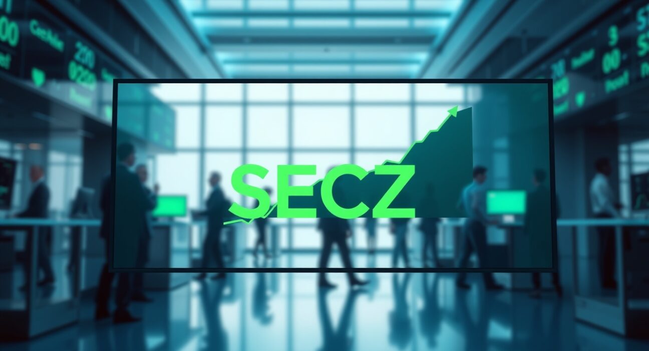 Digital trading screen displaying SECZ stock ticker symbol and upward trend graph on a modern financial trading floor.