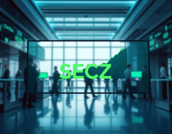 Digital trading screen displaying SECZ stock ticker symbol and upward trend graph on a modern financial trading floor.