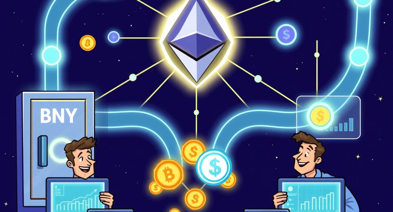 A vibrant cartoon illustrating the launch of a tokenized credit fund by Securitize and BNY, showing digital assets flowing securely.