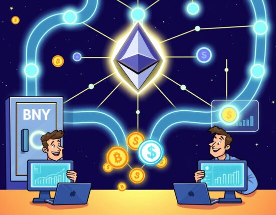 A vibrant cartoon illustrating the launch of a tokenized credit fund by Securitize and BNY, showing digital assets flowing securely.