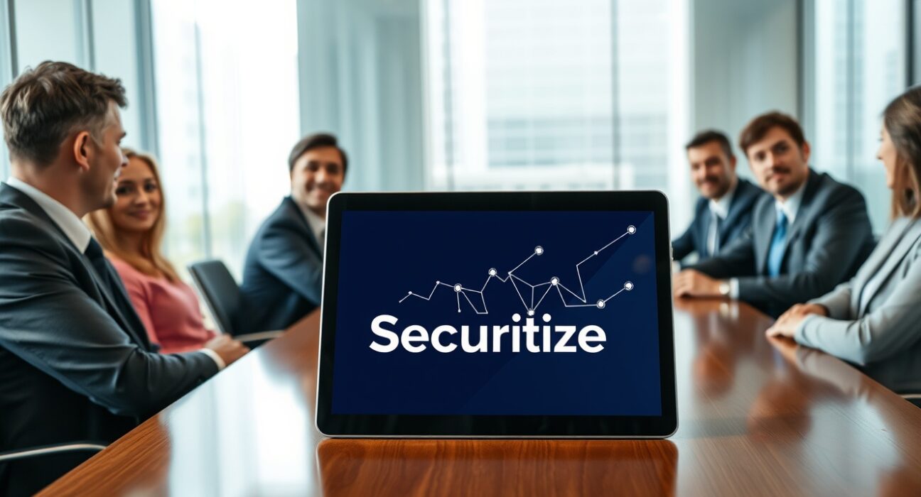 Securitize digital tablet in a corporate boardroom with professionals discussing tokenized asset management.