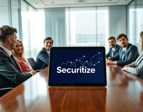 Securitize digital tablet in a corporate boardroom with professionals discussing tokenized asset management.