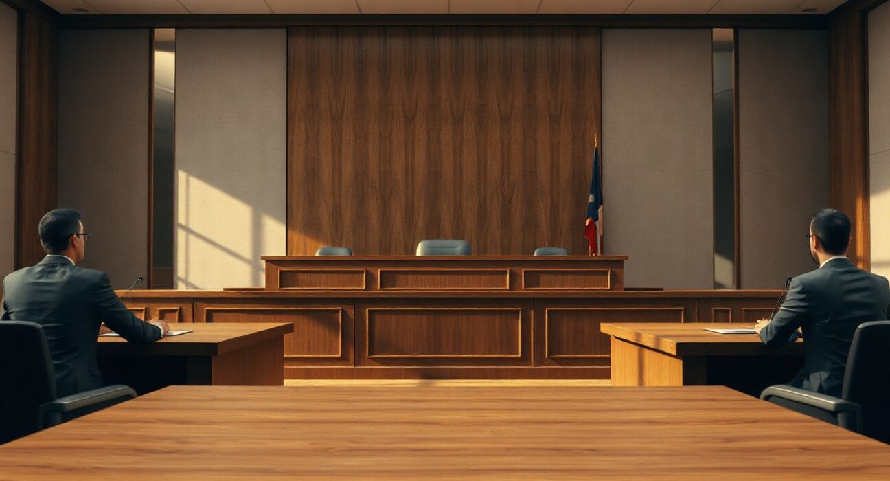 Courtroom scene with legal teams representing Securitize and tZERO in a patent lawsuit.