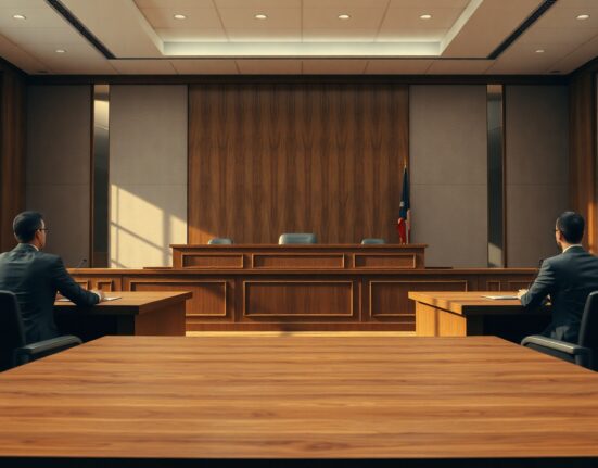 Courtroom scene with legal teams representing Securitize and tZERO in a patent lawsuit.