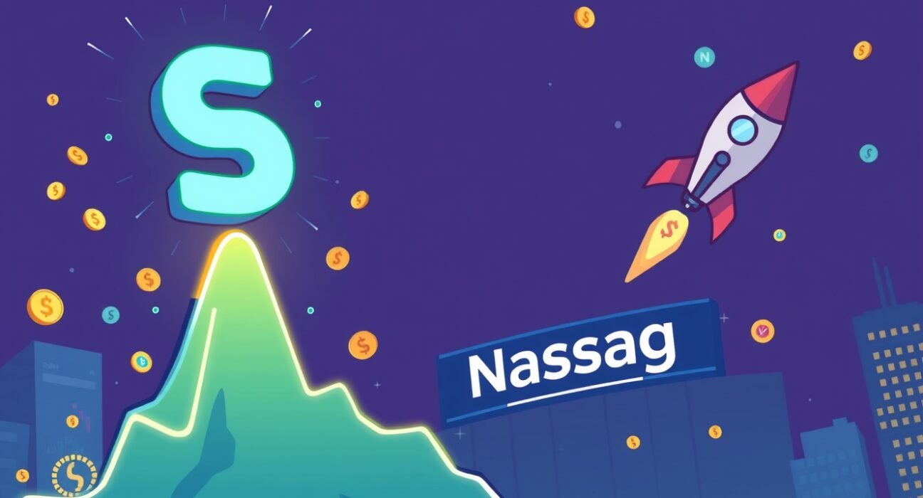 A cartoon illustration showing the Securitize Nasdaq listing representing a significant step forward for digital asset integration into traditional finance.