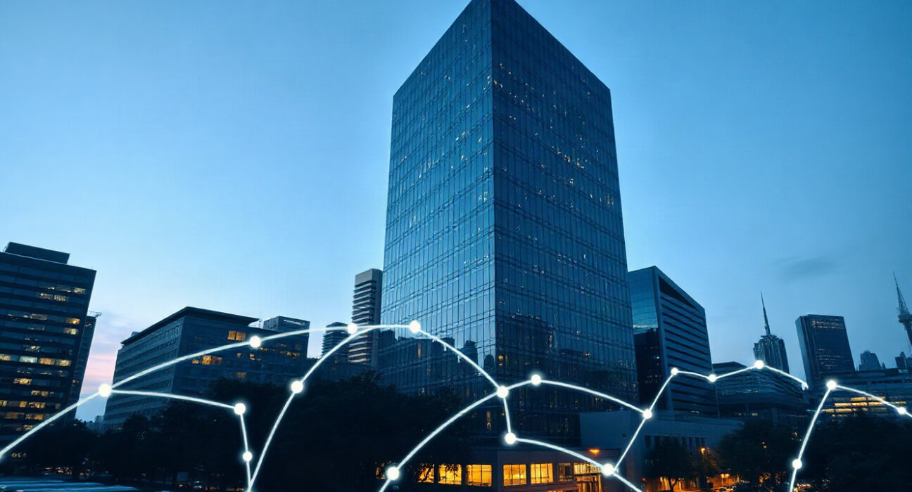 Modern financial district skyline with digital blockchain network overlay at dusk