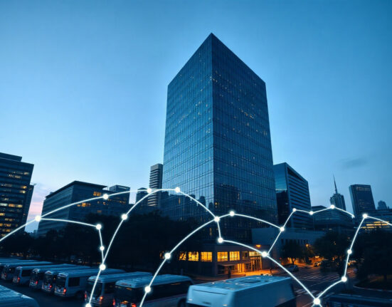 Modern financial district skyline with digital blockchain network overlay at dusk
