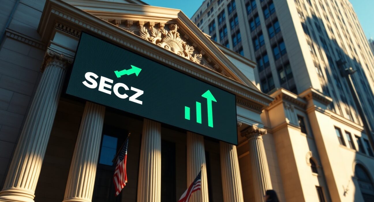 NYSE building facade with digital display showing SECZ ticker symbol