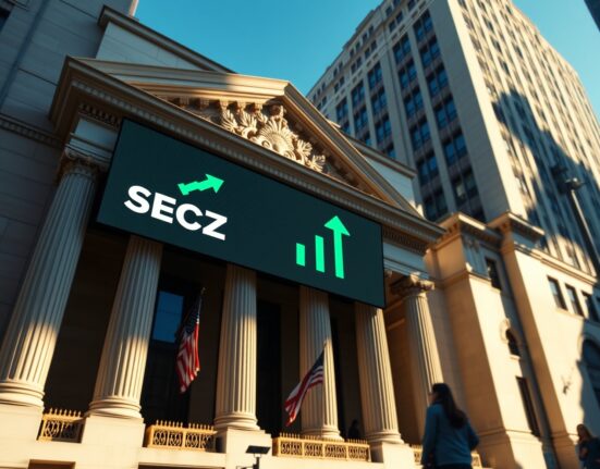 NYSE building facade with digital display showing SECZ ticker symbol