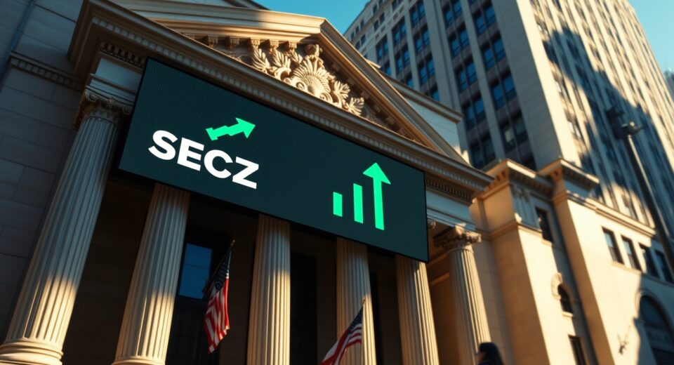 NYSE building facade with digital display showing SECZ ticker symbol