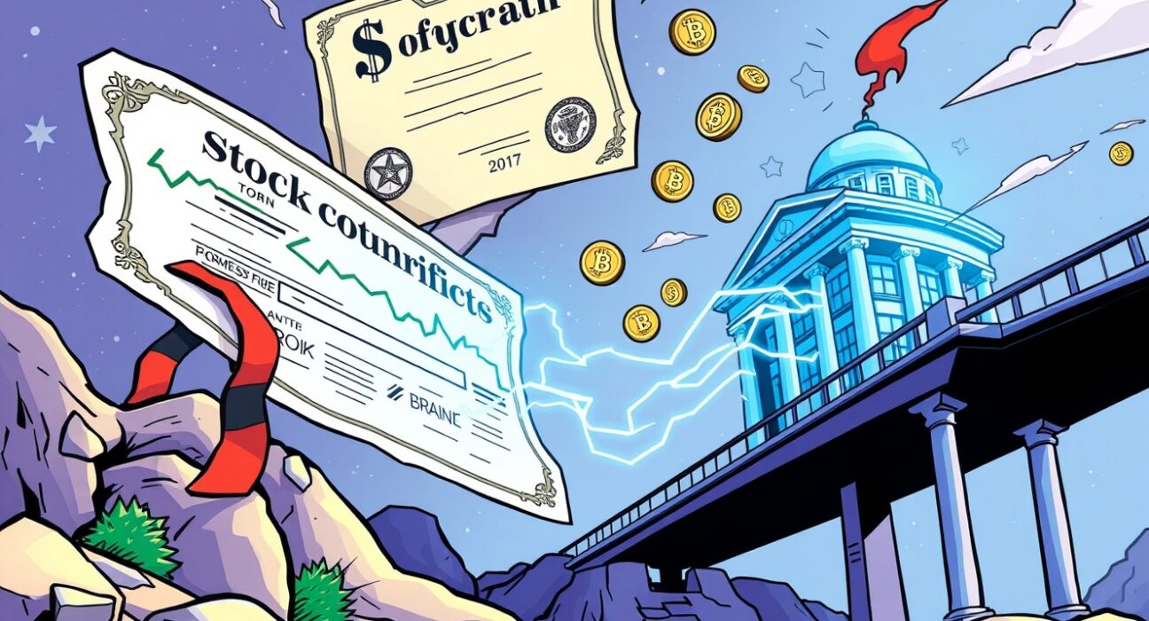 Illustration of traditional stocks transforming into on-chain stocks via a blockchain bridge.