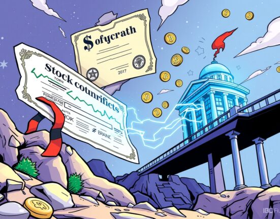 Illustration of traditional stocks transforming into on-chain stocks via a blockchain bridge.