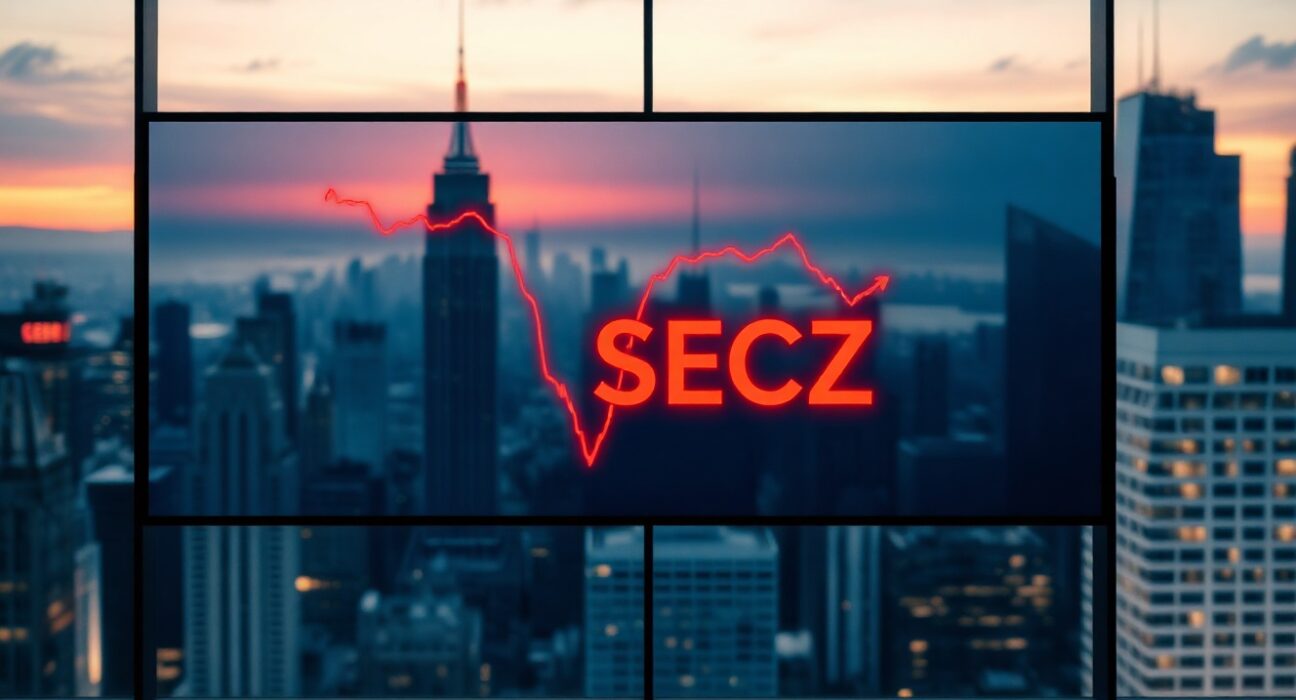 Securitize stock price drop on digital display board in financial district