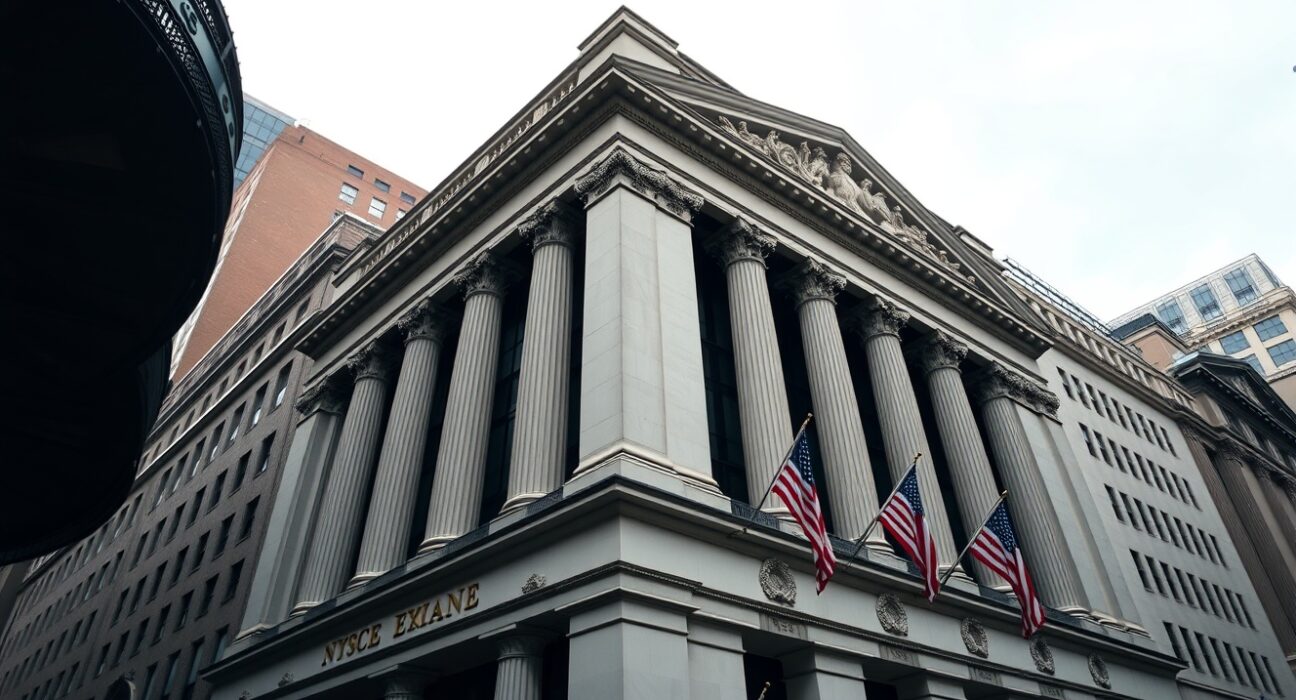New York Stock Exchange building facade with subtle digital overlay symbolizing tokenization