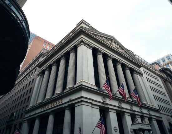 New York Stock Exchange building facade with subtle digital overlay symbolizing tokenization