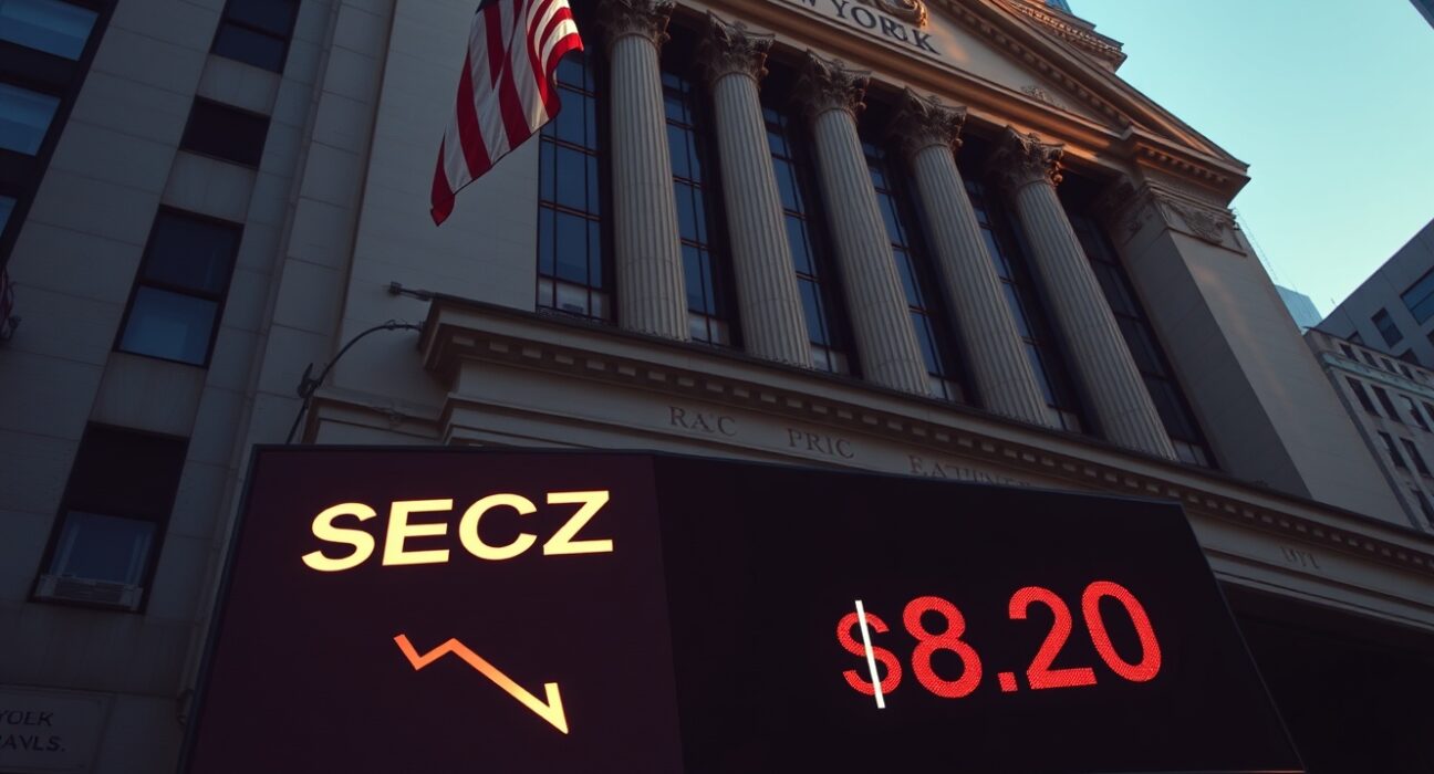 NYSE facade with electronic ticker showing SECZ stock price down 24.63% to $8.20 in late afternoon light.