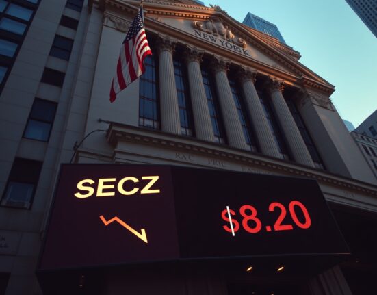 NYSE facade with electronic ticker showing SECZ stock price down 24.63% to $8.20 in late afternoon light.