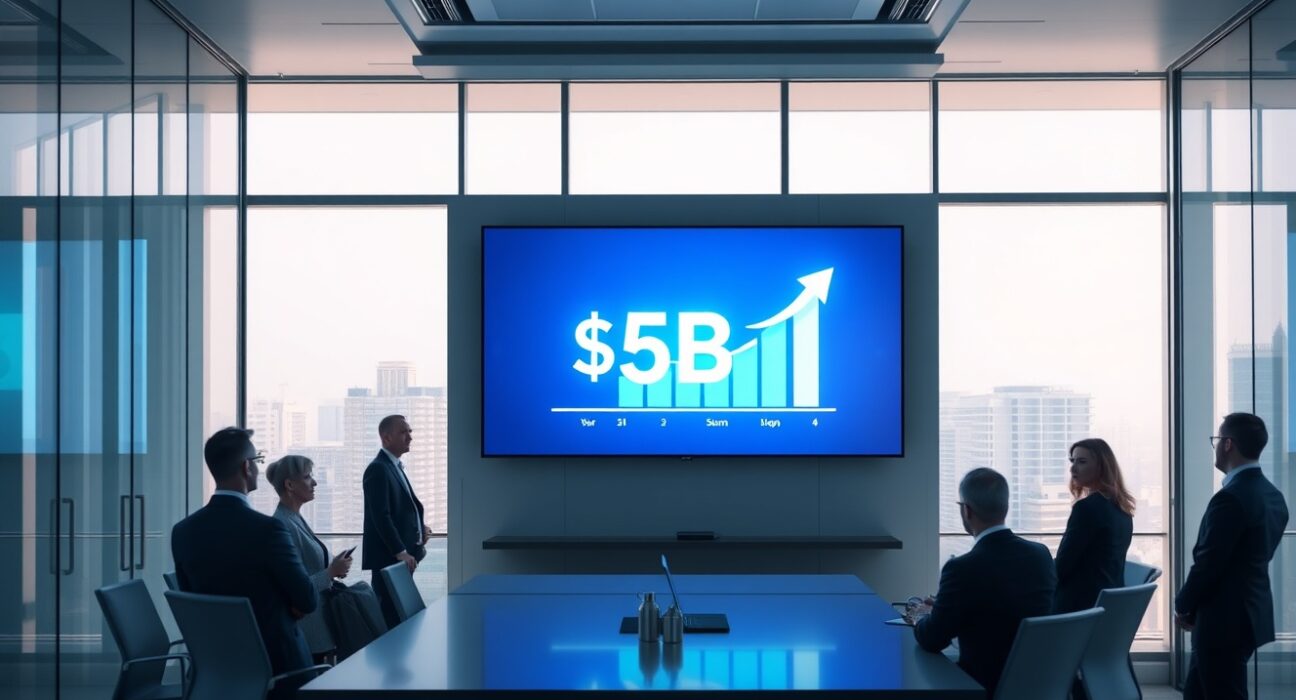 Securitize tokenized assets dashboard showing $5 billion milestone in a modern office boardroom
