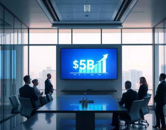 Securitize tokenized assets dashboard showing $5 billion milestone in a modern office boardroom