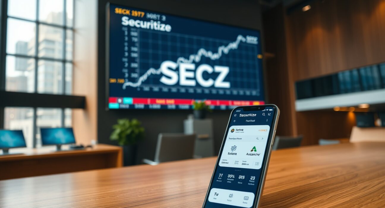 Securitize tokenization event with digital stock display and smartphone showing blockchain dashboard