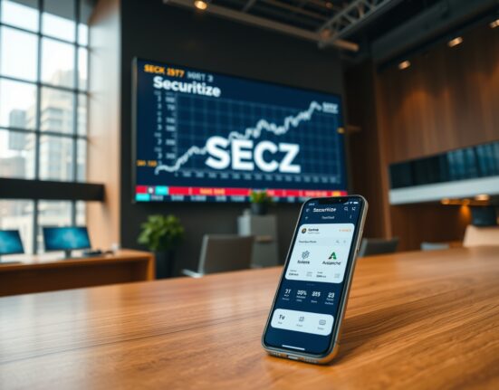Securitize tokenization event with digital stock display and smartphone showing blockchain dashboard