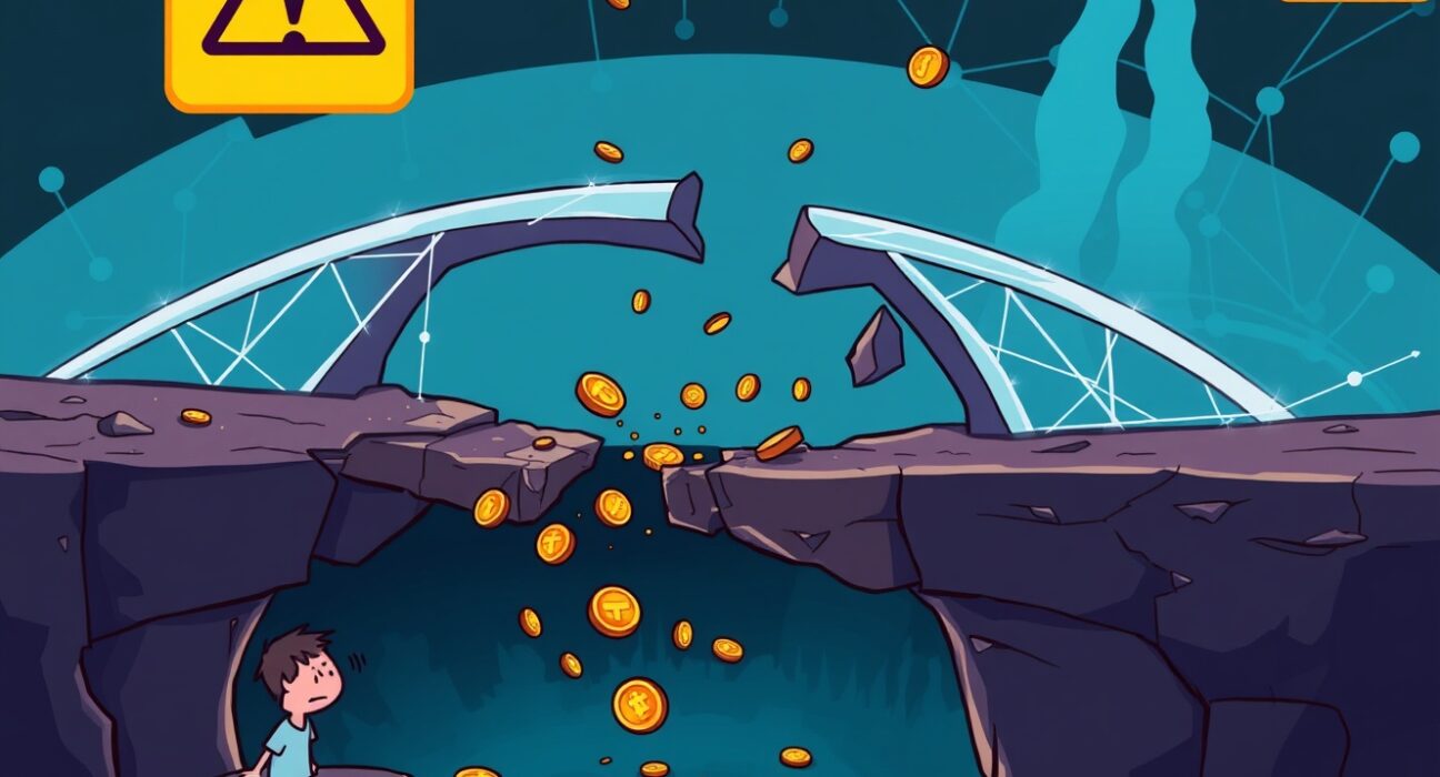 Cartoon illustrating the aftermath of a Seedify SFUND bridge hack, showing financial disruption and security vulnerabilities in crypto.