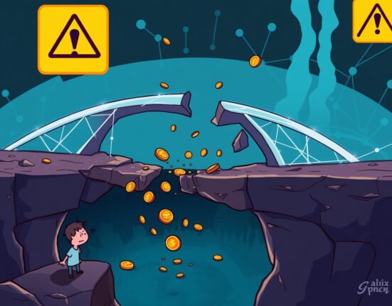 Cartoon illustrating the aftermath of a Seedify SFUND bridge hack, showing financial disruption and security vulnerabilities in crypto.