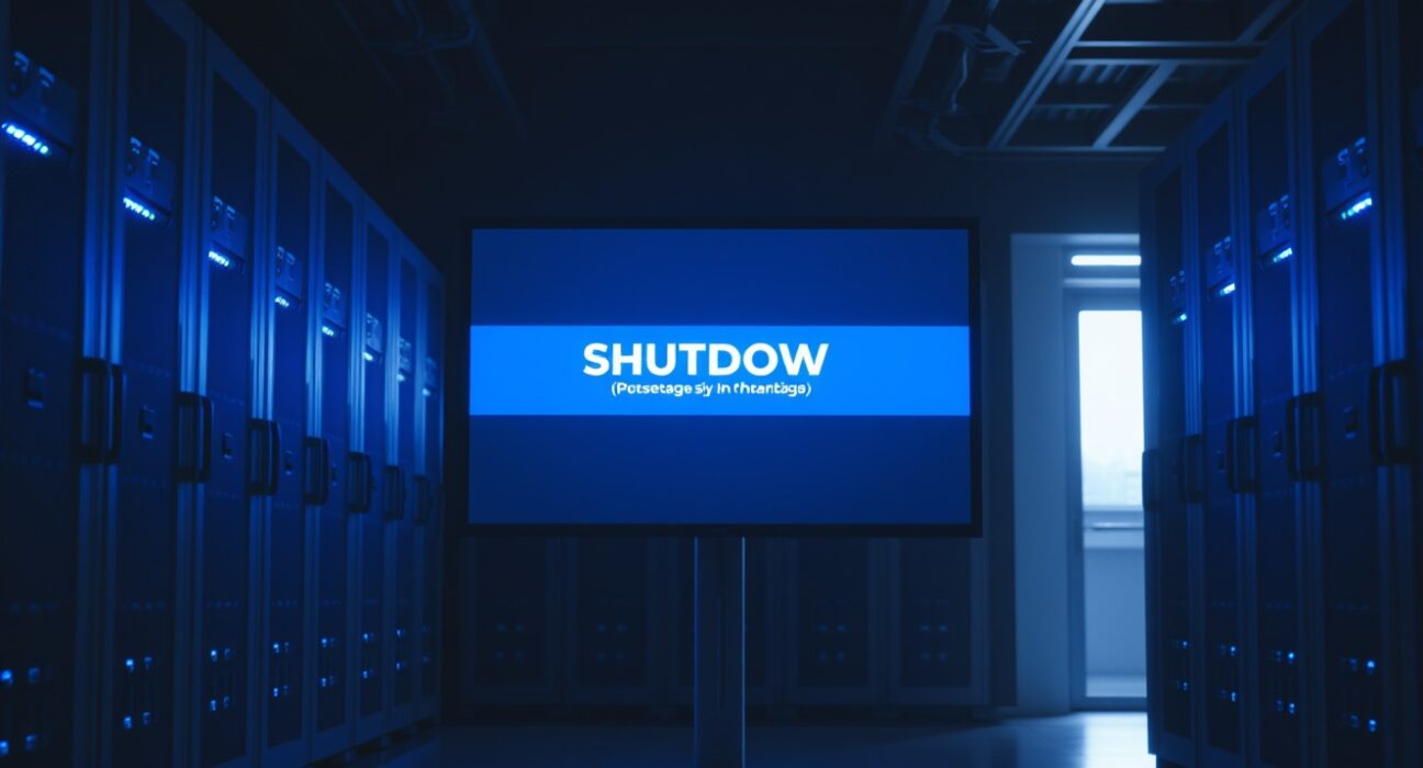 Dimly lit server room with a monitor showing a shutdown warning, representing the closure of Oxium DEX.