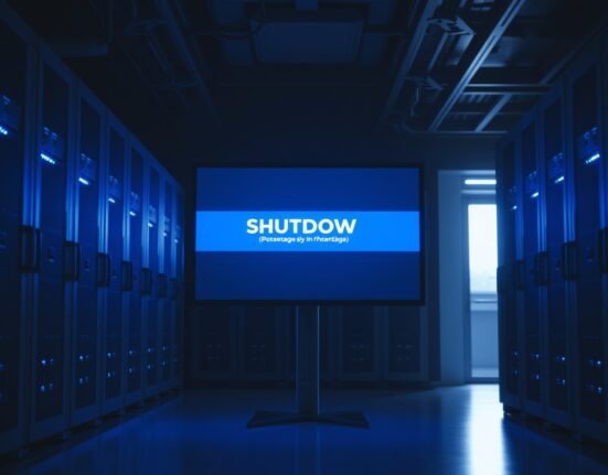 Dimly lit server room with a monitor showing a shutdown warning, representing the closure of Oxium DEX.