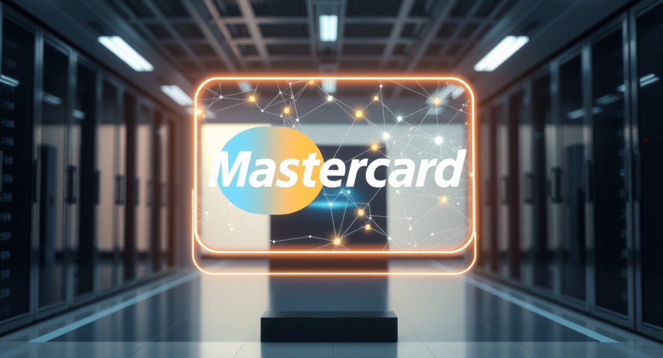 Holographic display of Mastercard and blockchain network in a futuristic financial data center