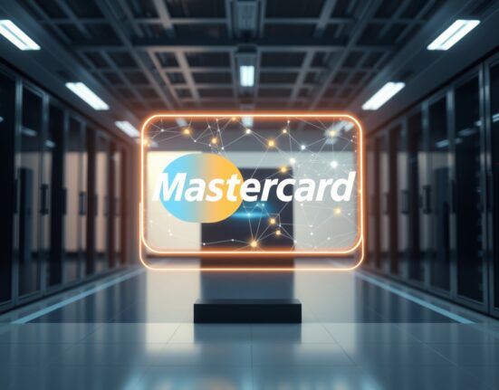 Holographic display of Mastercard and blockchain network in a futuristic financial data center