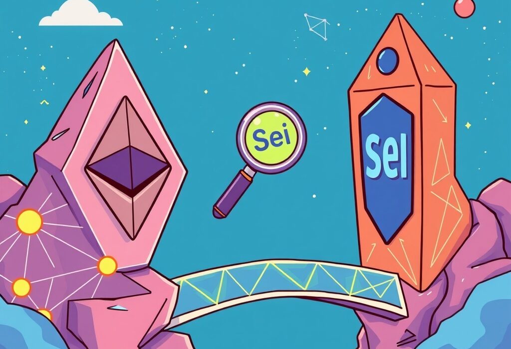 Cartoon illustration of Etherscan's new Sei Network explorer, Seiscan, connecting the Ethereum and Sei blockchains to enable enhanced data tracking.