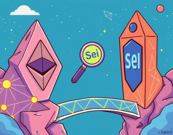 Cartoon illustration of Etherscan's new Sei Network explorer, Seiscan, connecting the Ethereum and Sei blockchains to enable enhanced data tracking.