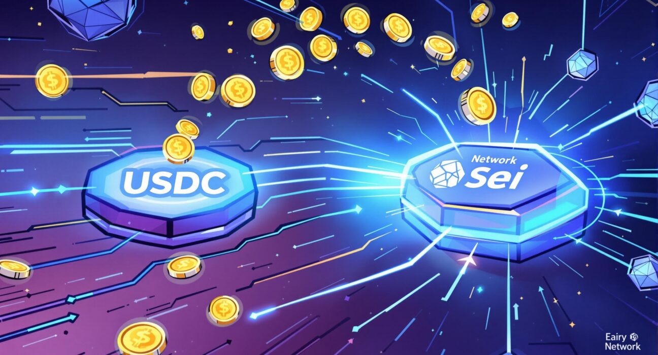 A cartoon illustration showing native Sei Network USDC seamlessly flowing across blockchain networks, powered by CCTP V2.